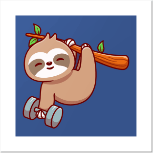 Cute Sloth Holding Dumbbell Cartoon Posters and Art